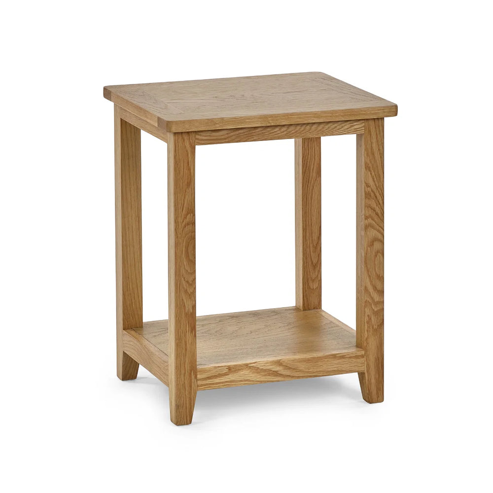 Wooden side table with a shelf on a white background