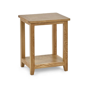 Wooden side table with a shelf on a white background