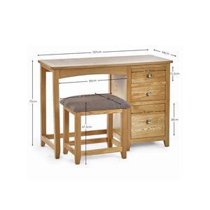 Wooden desk with dimensions shown on a white background