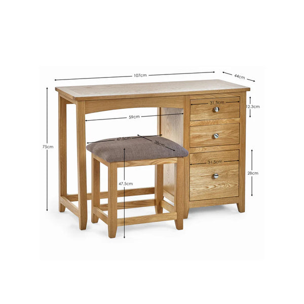 Wooden desk with dimensions shown on a white background