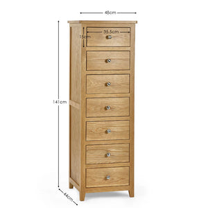 Wooden tall cabinet with dimensions labeled on a white background
