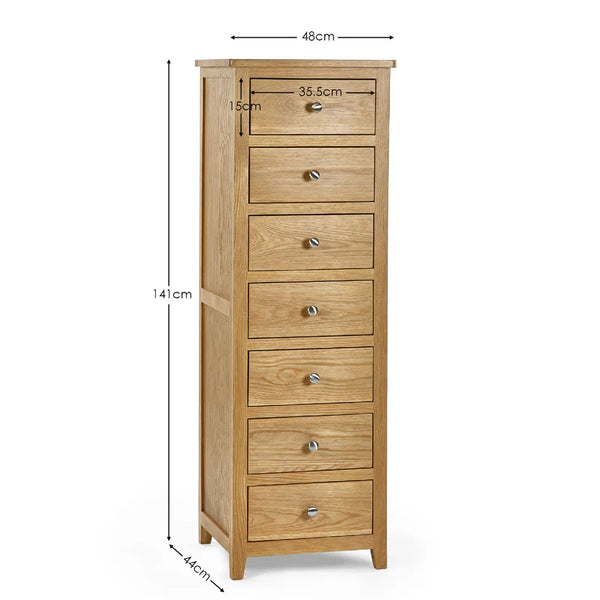 Wooden tall cabinet with dimensions labeled on a white background