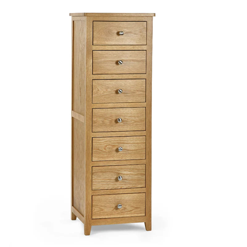 Wooden dresser with seven drawers on a white background