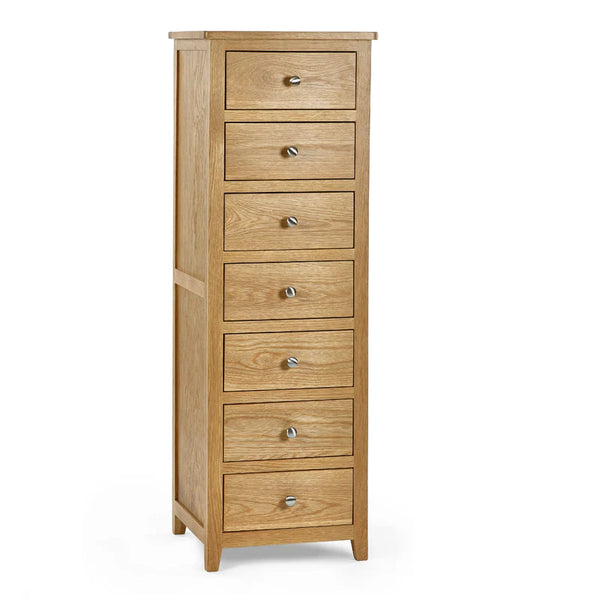 Wooden dresser with seven drawers on a white background