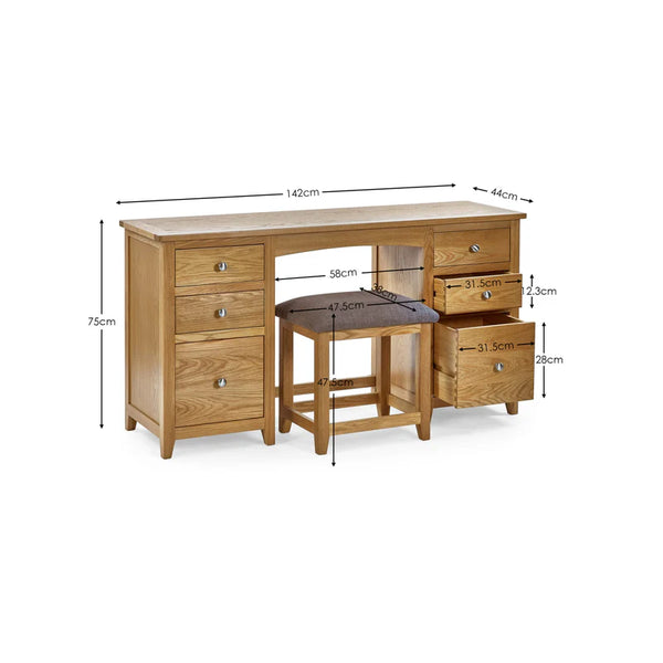 Wooden desk with measurements on a white background