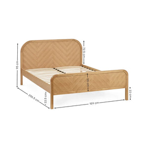 Wooden bed frame with dimensions on a white background