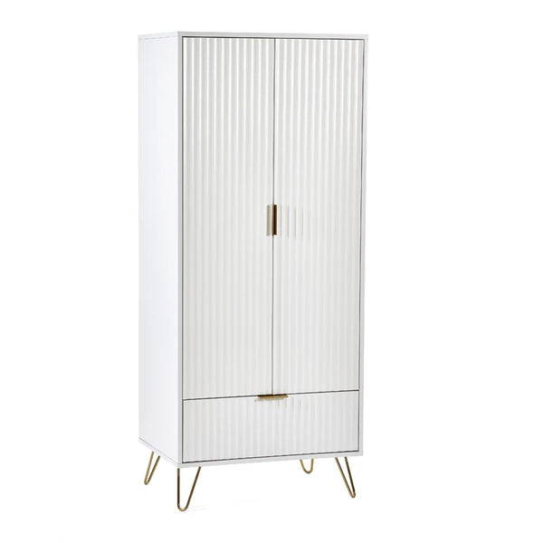 White cabinet with gold legs on a white background