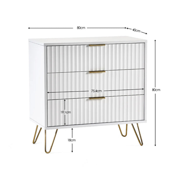 White cabinet with gold legs and handles, showing dimensions on a white background