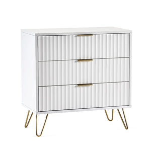 White dresser with gold accents on a white background