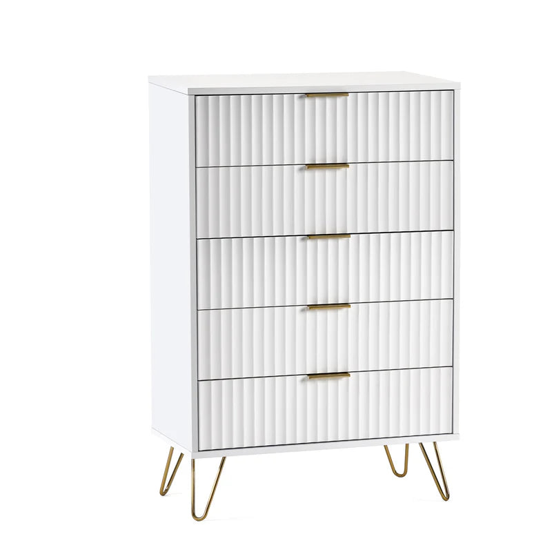 White dresser with gold legs and handles on a white background