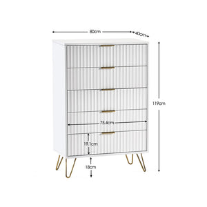 White dresser with gold legs and dimensions labeled on a white background