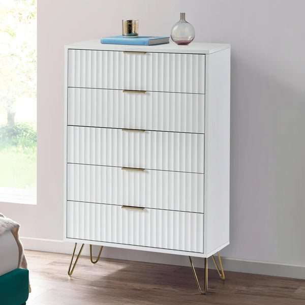 White dresser with gold legs in a room with a window and light gray wall.
