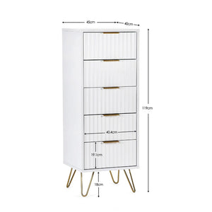 White cabinet with gold legs and dimensions labeled on a white background