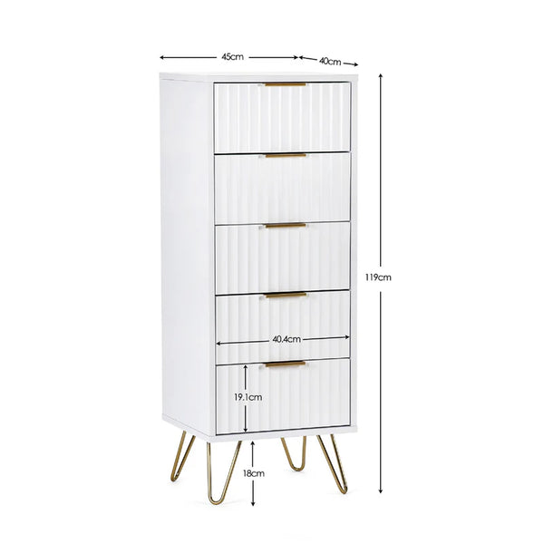 White cabinet with gold legs and dimensions labeled on a white background