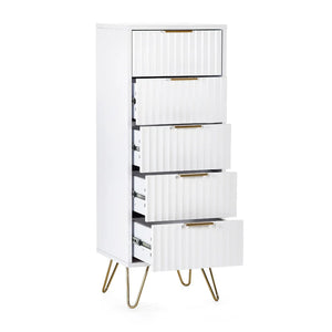 White storage cabinet with gold legs on a white background