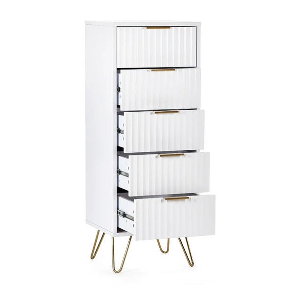 White storage cabinet with gold legs on a white background