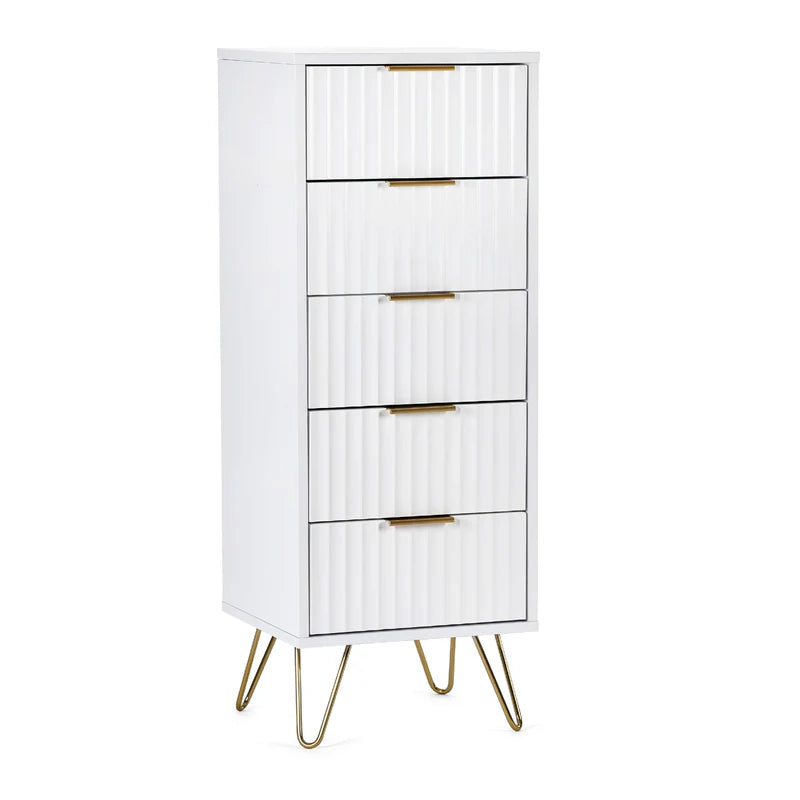 White cabinet with gold legs and handles on a white background