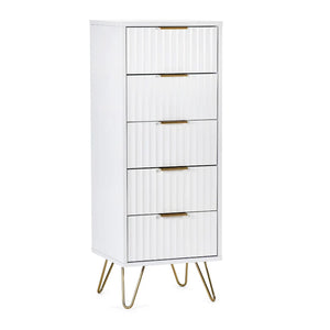 White cabinet with gold legs and handles on a white background