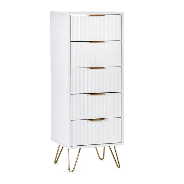 White cabinet with gold legs and handles on a white background
