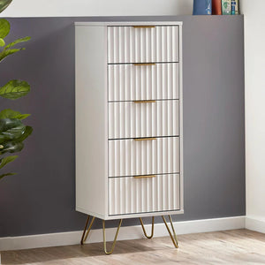 Tall white cabinet with gold legs against a gray wall