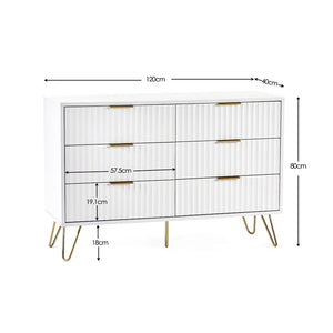 White dresser with gold legs and dimensions labeled on a white background