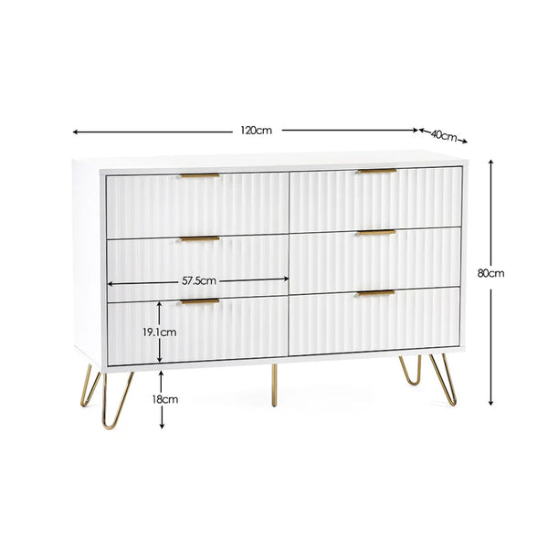 White dresser with gold legs and dimensions labeled on a white background