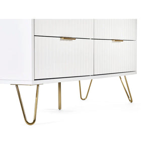 White cabinet with gold legs on a white background
