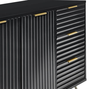 Black cabinet with gold handles on a white background