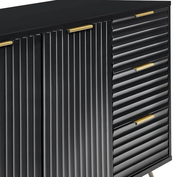 Black cabinet with gold handles on a white background