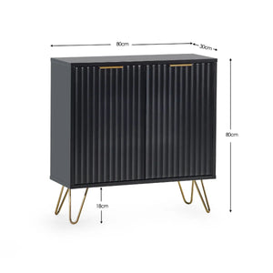 Black cabinet with gold legs and dimensions on a white background