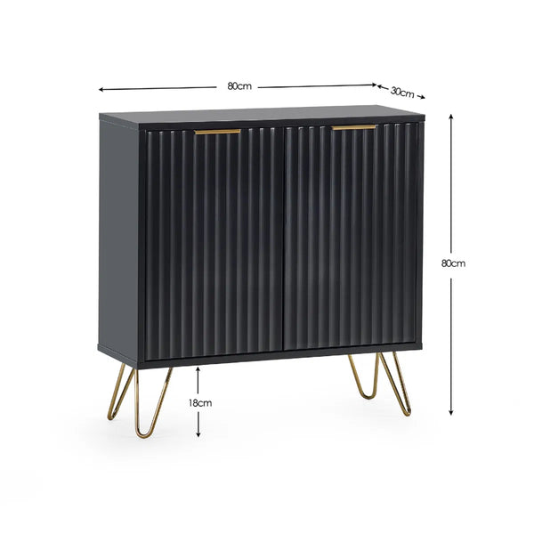 Black cabinet with gold legs and dimensions on a white background