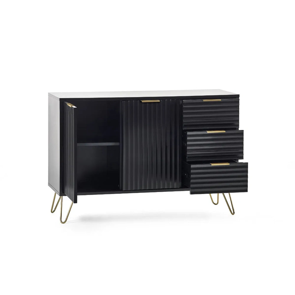 Modern black and white cabinet with ribbed doors and hairpin legs on a white background