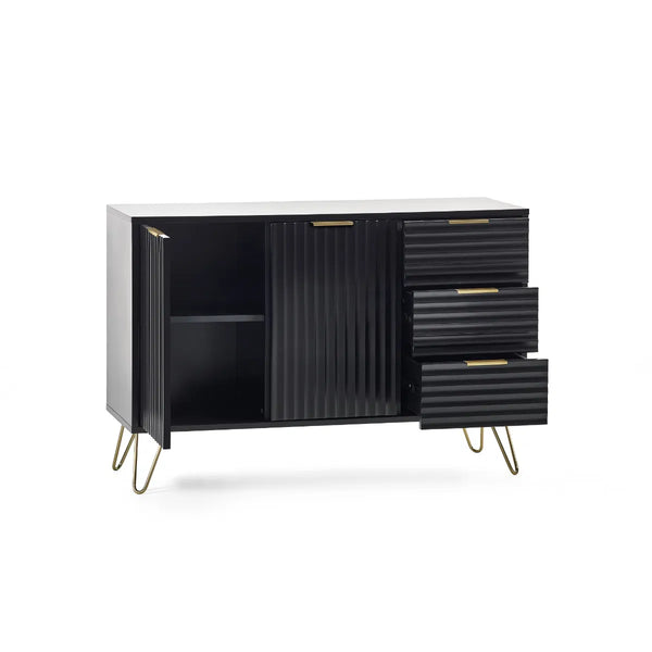 Modern black and white cabinet with ribbed doors and hairpin legs on a white background