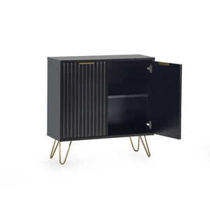 Black cabinet with open door on a white background