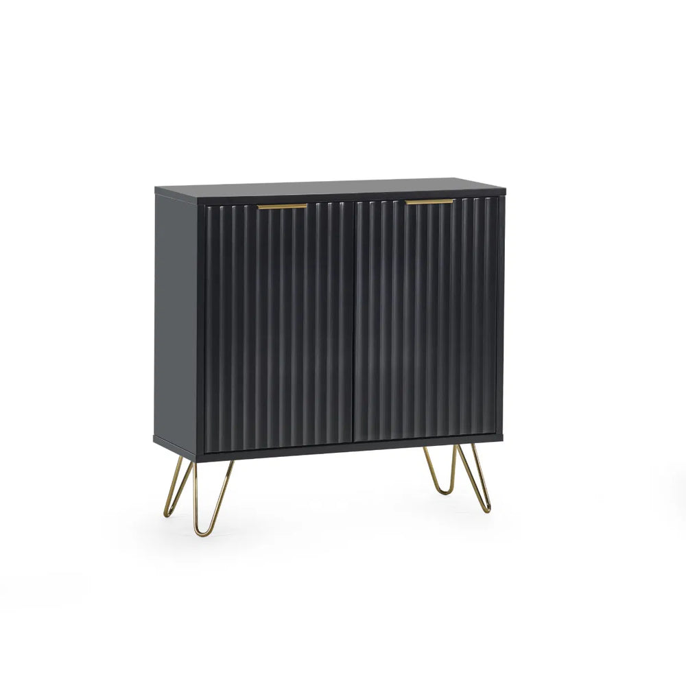 Black cabinet with gold legs on a white background