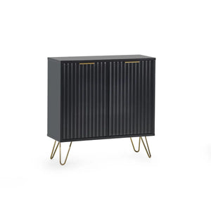 Black cabinet with gold legs on a white background