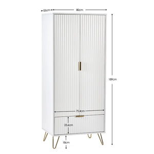 White wardrobe with gold legs and handles, shown with dimensions on a white background