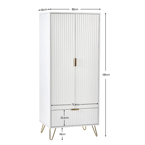 White wardrobe with gold legs and handles, shown with dimensions on a white background