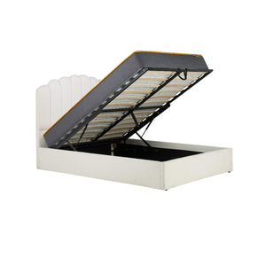 White upholstered bed with open storage compartment on a white background