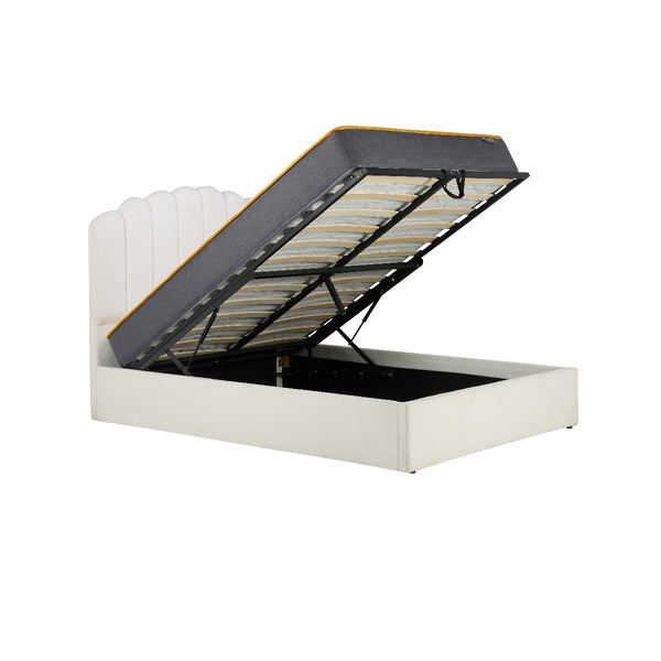 White upholstered bed with open storage compartment on a white background