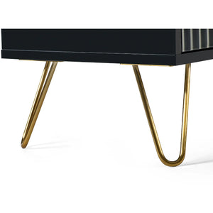 Black table with gold hairpin legs on a white background