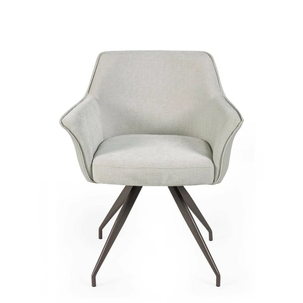 FRONT VIEW OF A DINING CHAIR WITH METAL LEGS AND WHITE BACKGROUND