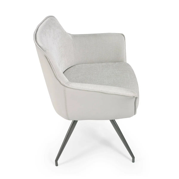 DINING CHAIR WITH BLACK METAL LEGS ON A WHITE BACKGROUND
