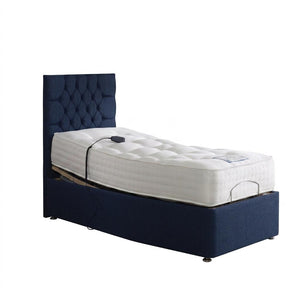 Bed with white mattress and navy upholstered headboard on a white background