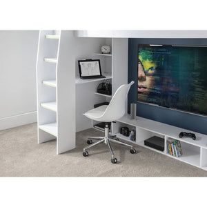 Modern home office with white desk, chair, and entertainment unit.