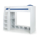White loft bed with blue accents on a white background