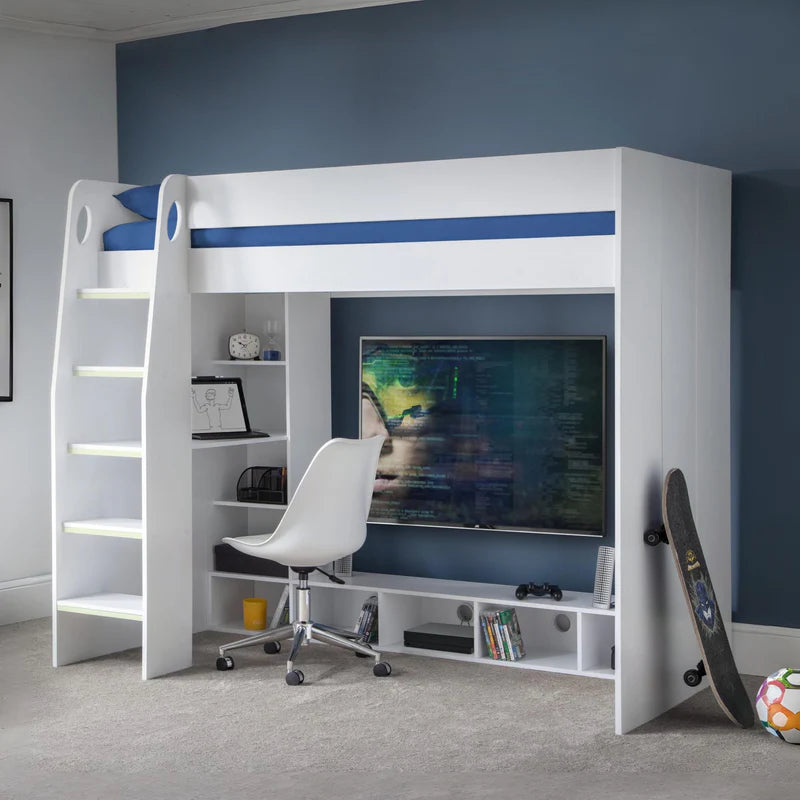 White loft bed with blue accents on a white background
