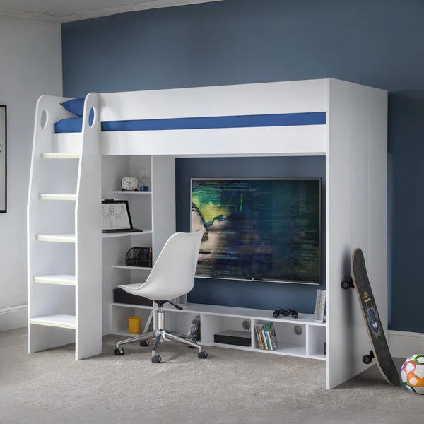 White loft bed with desk and TV in a room with blue walls.