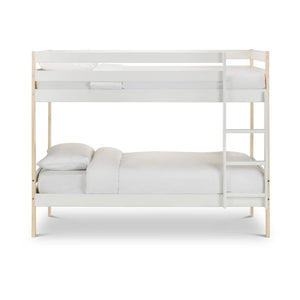 White bunk bed with light wood accents on a white background