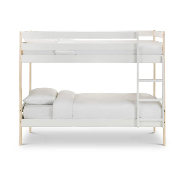 White bunk bed with light wood accents on a white background